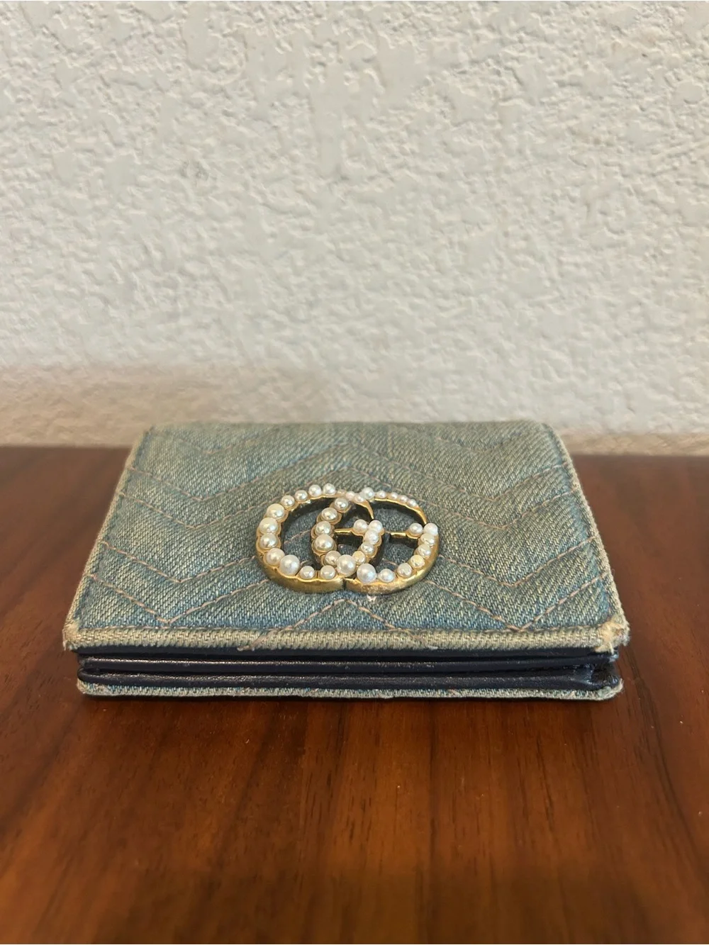 Gucci Denim Wallet with Pearl Double G - Light Blue